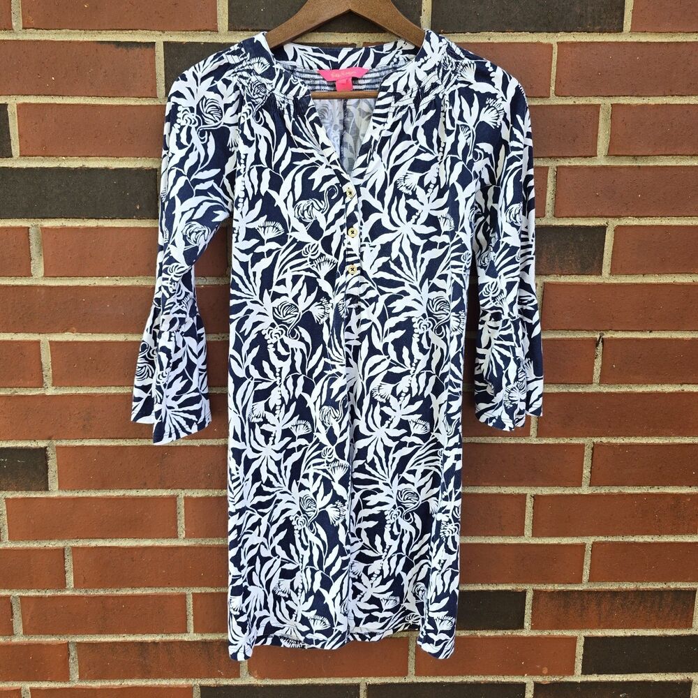 Lilly Pulitzer XXS Dress Floral Romantic Classic Beach Summer Vacation Navy Whit